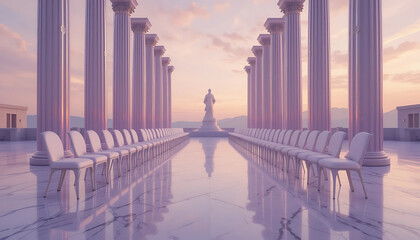 Misty ancient stone bridge with columns spanning a river in a foggy cityscape