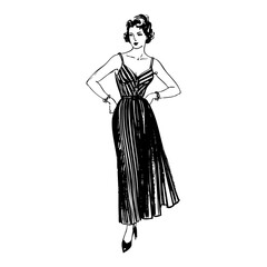 Fototapeta premium Woman wear dress with confidence pose engraving black and white outline. Scratch board imitation. illustrated in vintage line art style on a white background.