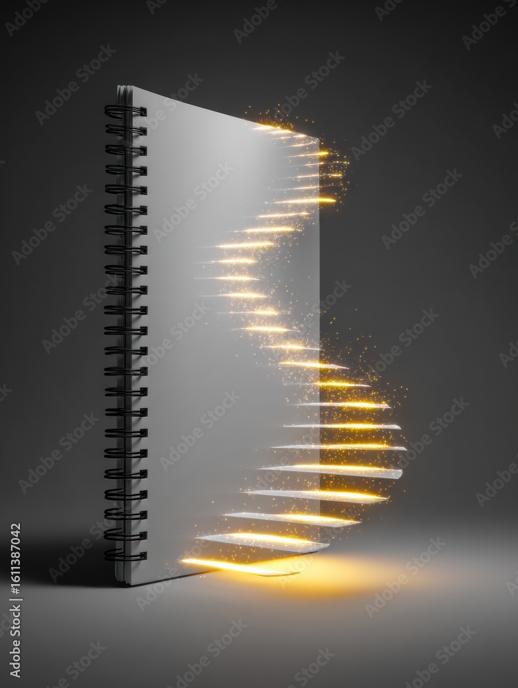 Poster spiral notebook transforms into glowing steps symbolizing written inspiration and upward growth