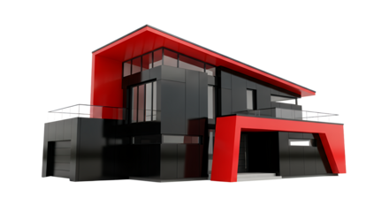 Modern 3D building complex icon with red and black color scheme on transparent background