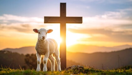 Lamb standing at sunset with cross