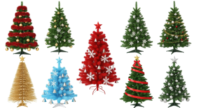 Nine distinct artificial christmas trees, varying in color (green, red, blue, gold) and uniquely decorated with diverse ornaments and tinsel, isolated on a pristine transparent background with