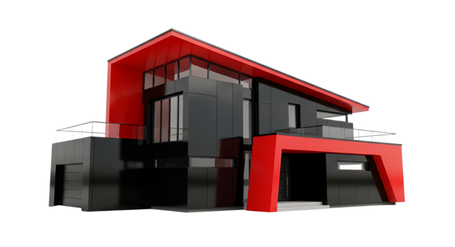 Modern 3D building complex icon with red and black color scheme on transparent background