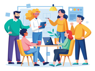 Diverse team collaborating around a table with laptop and whiteboard team meeting collaboration