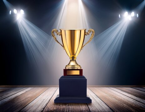 award podium with golden trophy and spotlight lighting