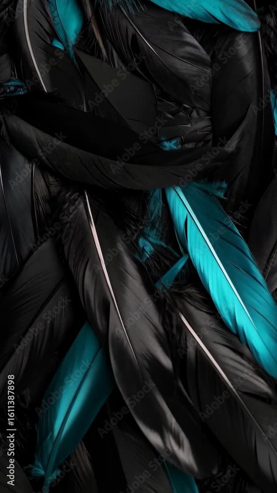 Poster elegant composition of black and turquoise feathers, arranged in a textured background displaying fi