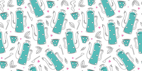 Pattern teapot, cup, coffee pot and spoon. Drawings, doodles. Heart shape. Hot drink, coffee, tea. Tea leaf, mint. Seamless background.