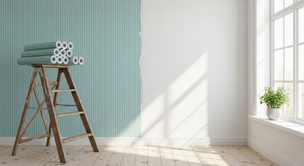 Wooden stepladder holds teal wallpaper rolls against a partially wallpapered wall, showcasing a home renovation or interior design concept Free space for text or advertisement