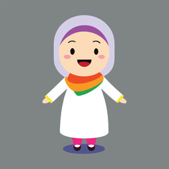Cheerful cartoon hijabi girl in white dress with colorful scarf