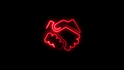 Neon red handshake icon on black background representing agreement and partnership