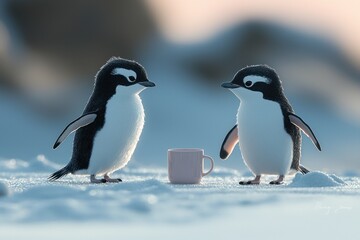 Obraz premium Two adorable penguins stand facing a small pink cup in the snow. Sunrise or sunset light