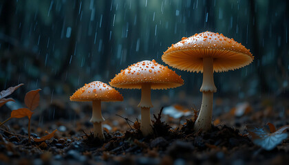 Fototapeta premium Red and white fly agaric mushrooms in an autumn forest, a poisonous toadstool fungus in nature