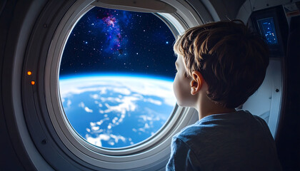 A young boy filled with wonder gazes at planet Earth from a spaceship window, dreaming of future space exploration and the stars.