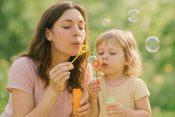 Fototapeta premium Mother and child blowing bubbles sunny garden soft green background blurred flowers pastel clothing dreamy shallow depth of field photorealistic lifestyle family outdoor play