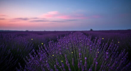 Naklejka premium Lavender field at dusk with fireflies creating a magical atmosphere during twilight