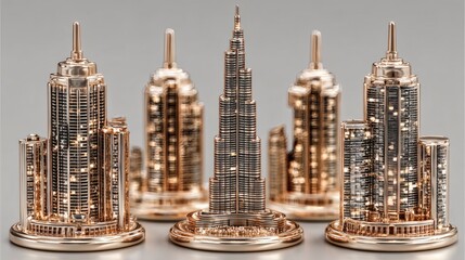 Miniature Metallic City Skylines Set on White Background Modern Architectural Decor