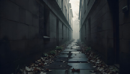 Narrow, Moody Alleyway in a Foggy City