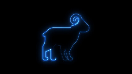 Glowing blue neon outline illustration of the aries zodiac sign against a black background