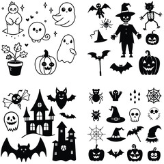 Art of a delightful collection of handdrawn halloween icons featuring ghosts, pumpkins, bats, witches, and more
