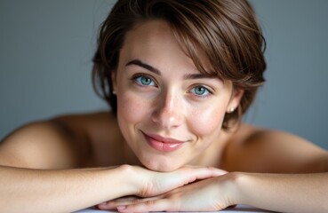 Obraz premium A woman with short brown hair and bright blue eyes smiling gently at the camera
