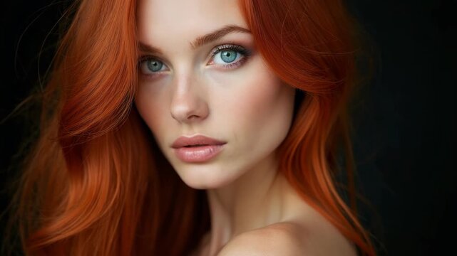 Portrait of redhead sexy woman with long hair on black background. Perfect girl with the blue eyes, nice clean skin, beautiful natural makeup, red hair.