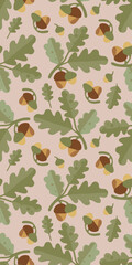 Autumn seamless texture pattern of acorns and oak branches on light background. Ideal for fabric prints, wrapping paper, stationery and wallpapers 