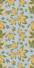 Minimal autumn seamless pattern with falling maple leaves of different sizes on blue background. Perfect for printing on fabric, wrapping paper, stationery and wallpaper
