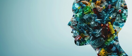 Plastic Waste silhouette of a human figure filled pollution on planet problem wallpaper and copy space.