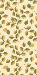 Autumn textile seamless pattern with yellow green aspen branches on light background. Perfect for printing on fabric, wrapping paper, stationery and wallpaper