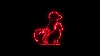 Neon red illustration featuring dog and cat silhouettes on a black background