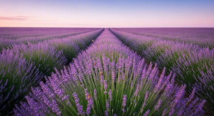 Fototapeta premium Lavender fields stretching into the horizon under a pastel sky landscape