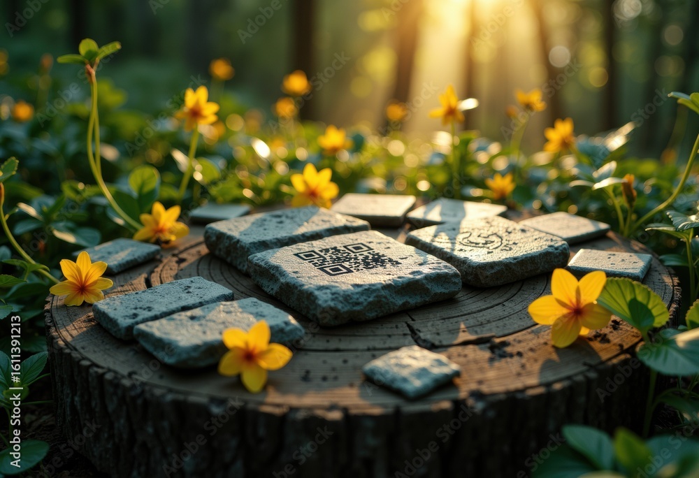 Aufkleber stone tablets with qr codes placed on a tree stump in a sunlit forest setting