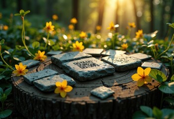 Stone tablets with QR codes placed on a tree stump in a sunlit forest setting