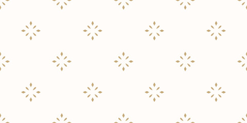 Luxury gold and white minimalist background. Vector geometric seamless pattern with diamond shapes, stars, flowers. Elegant golden shiny abstract texture. Simple minimal repeated decorative design