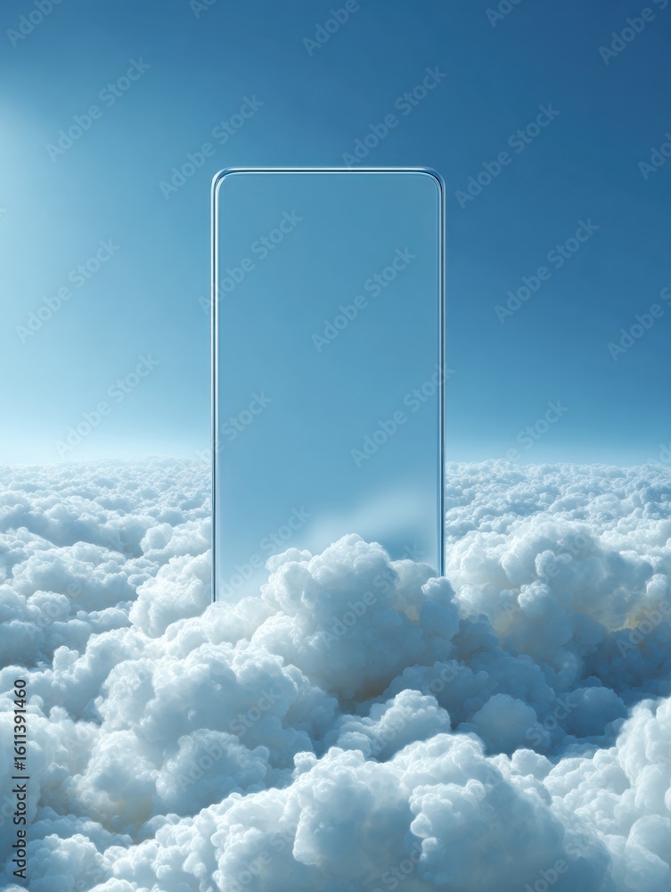 Poster floating phone screen ad in a digital landscape with clouds, featuring a clean message area for clea