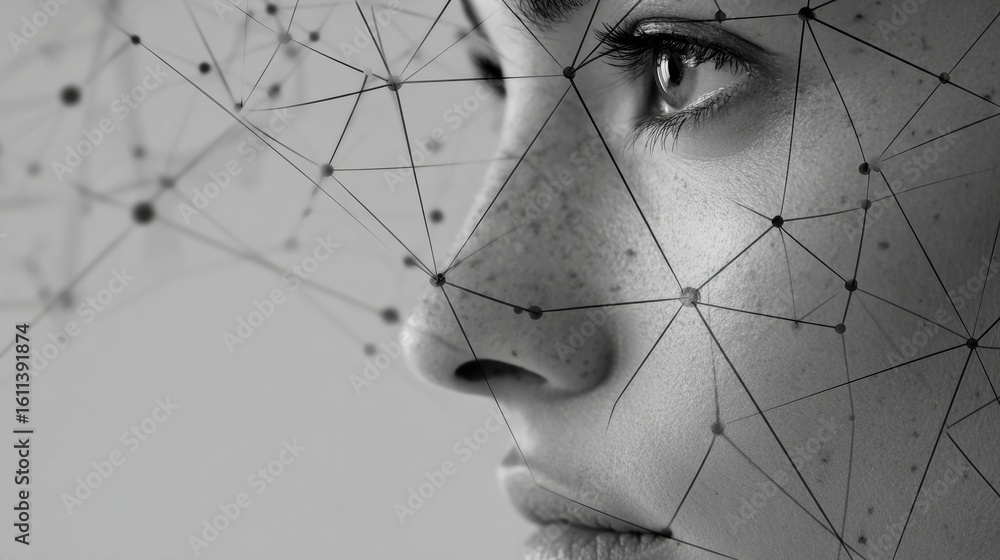 Aufkleber neural network connections overlaying a side profile of a face in a modern digital art concept showc