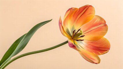 A single vibrant orange and yellow tulip flower with a green stem and leaf opens beautifully, tilting gracefully against a simple plain background.