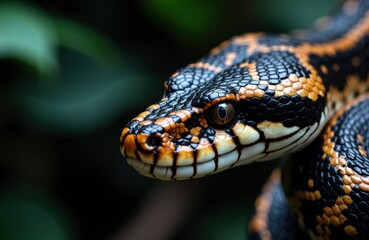 Colorful ball python with detailed scales and striking pattern in natural habitat