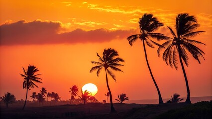 Vibrant orange sunset illuminates the tropical landscape with silhouetted palm trees, creating a peaceful and stunning natural evening scene.