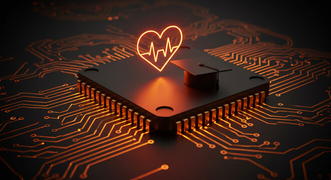 3D rendering of an AI chip for research and development in biotechnology and education