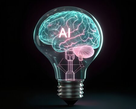 A glowing lightbulb containing a neon brain symbolizing ai