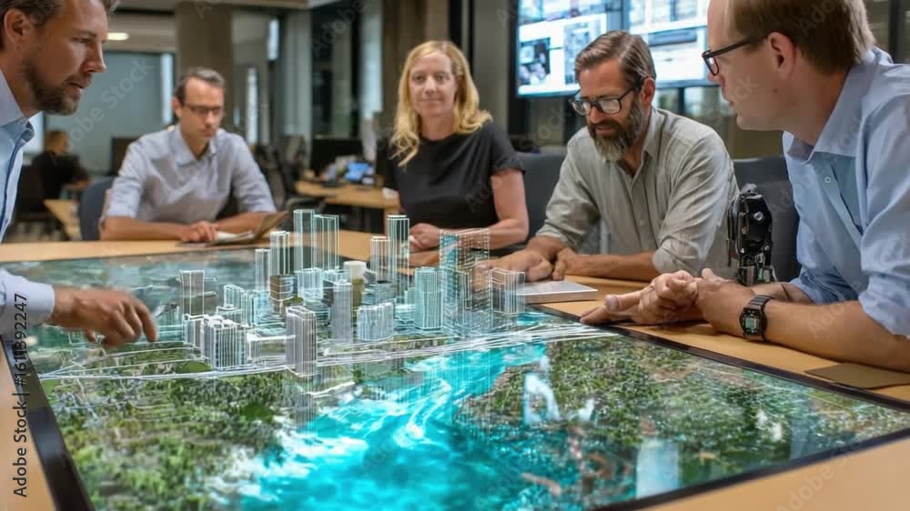 Poster architecture discussion : a group of architecture professional gathering around a model to brainstor