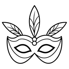 Elegant line art of a decorative party mask adorned with feathers and sparkling gems