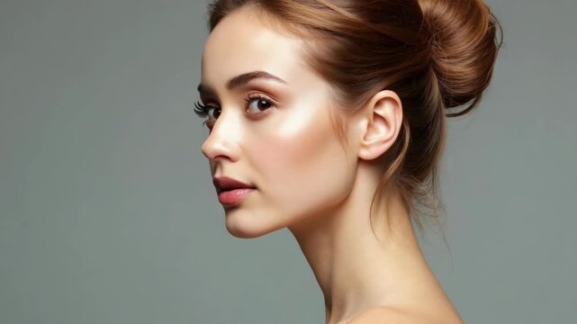 Woman with a bun in her hair and a nice smile. She has a nice face and is wearing earrings