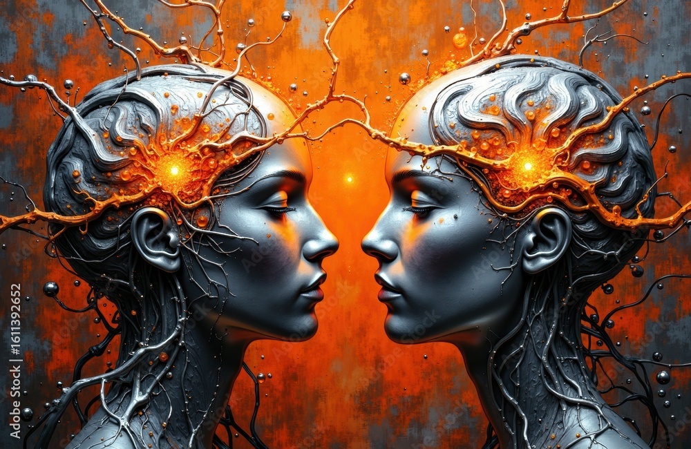 Poster woman with futuristic cybernetic brain connection facing mirror image with glowing neural activity