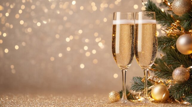 Festive champagne glasses with golden holiday decorations and christmas tree branches