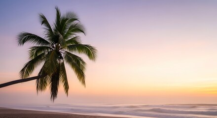 Serene tropical paradise with a lone palm tree silhouetted against a vibrant pastel sunset sky over the calm sea.