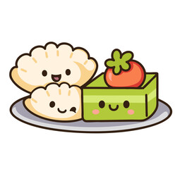 Cute cake with fruit topping, designed in a playful and cheerful style. Perfect for children's products, food illustrations, and fun dessert designs in a kawaii aesthetic.