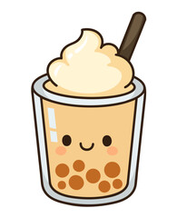 Cute bubble tea cup with a smiling face, a playful drink icon perfect for kids’ food designs, showcasing a kawaii style beverage with tapioca pearls and fun, cheerful design.