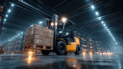 Heavy Fork Truck Maneuvering Through Spacious Warehouse with Shelves Stacked High and Efficient Lighting